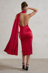 Berry Red Satin Asymmetric Scarf Neck Backless Midi Dress